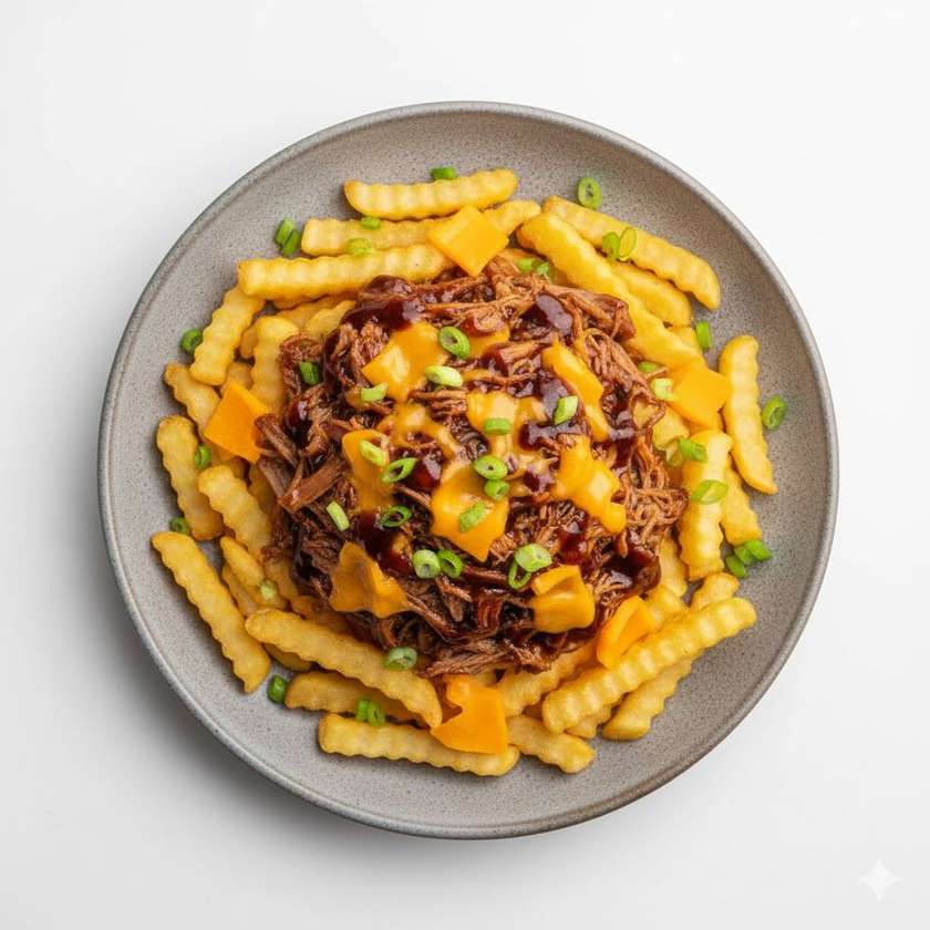 BBQ pulled pork fries (zapekané hranolky s bravčovým mäsom)