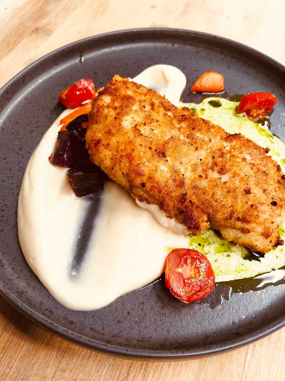 Kanašnitsel juursellerikreemi ja 5.- röstitud porgandiga