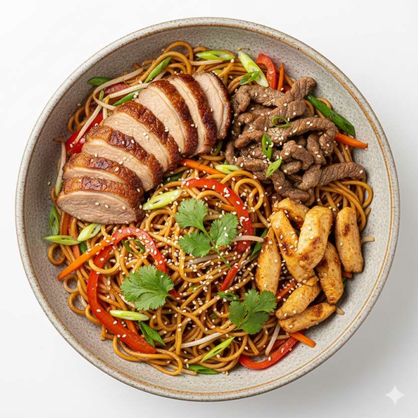 Fried noodles with three kinds of meat