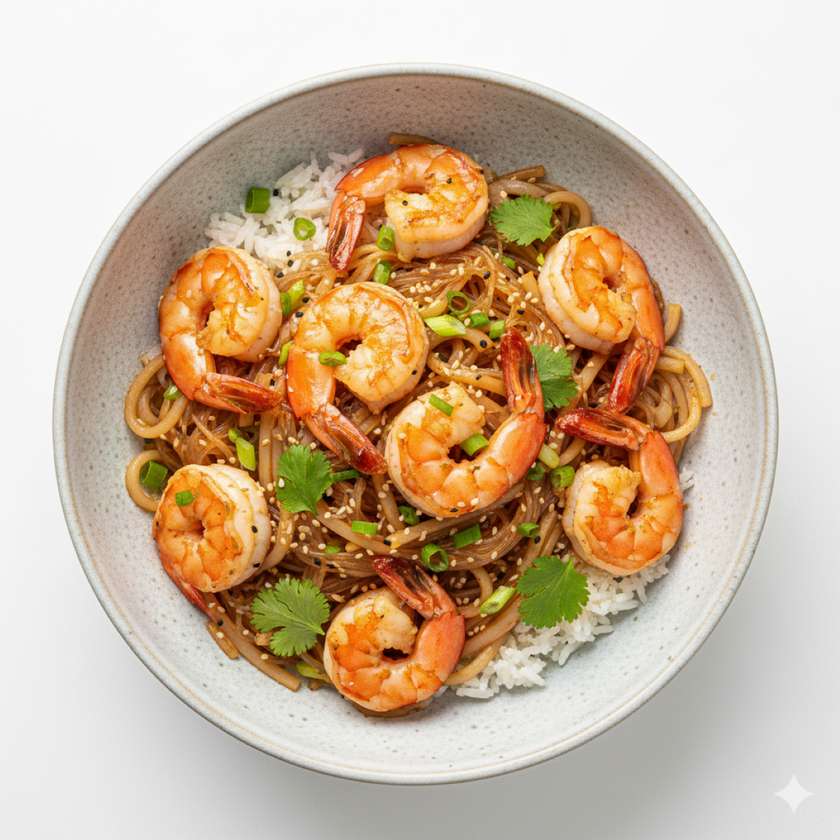 Noodles / rice / rice noodles with large shrimps