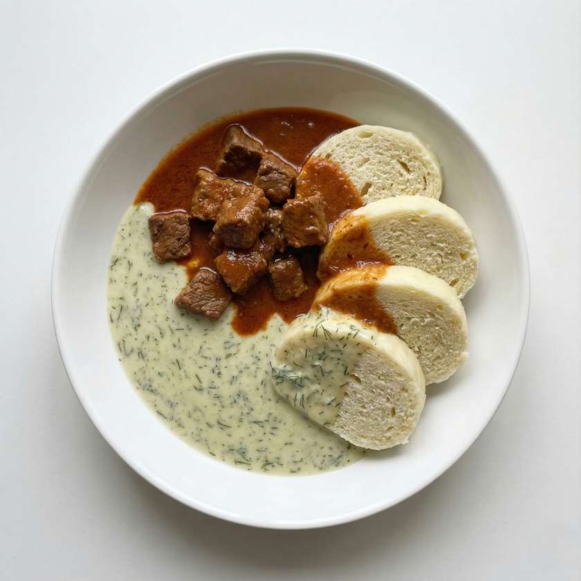 Dill Sauce with Beef Stew and Dumplings