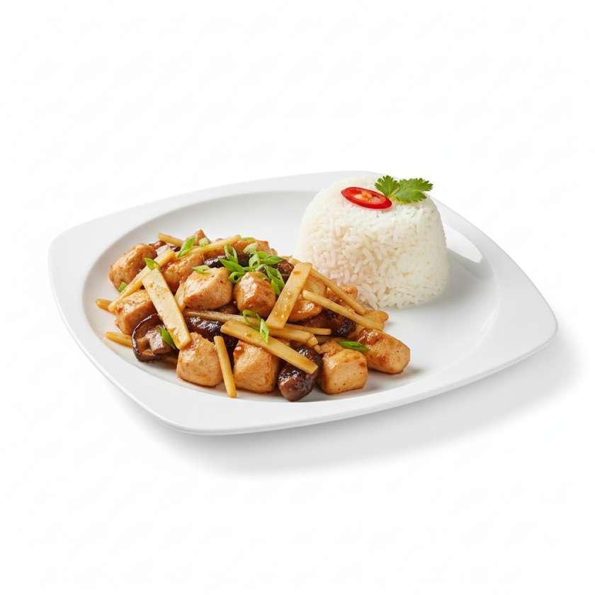 Chicken with bamboo, mushrooms and side dish