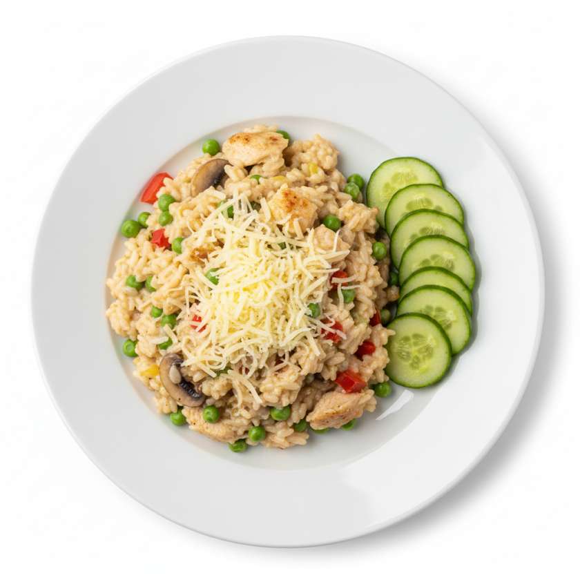 Chicken risotto sprinkled with cheese. Cucumber