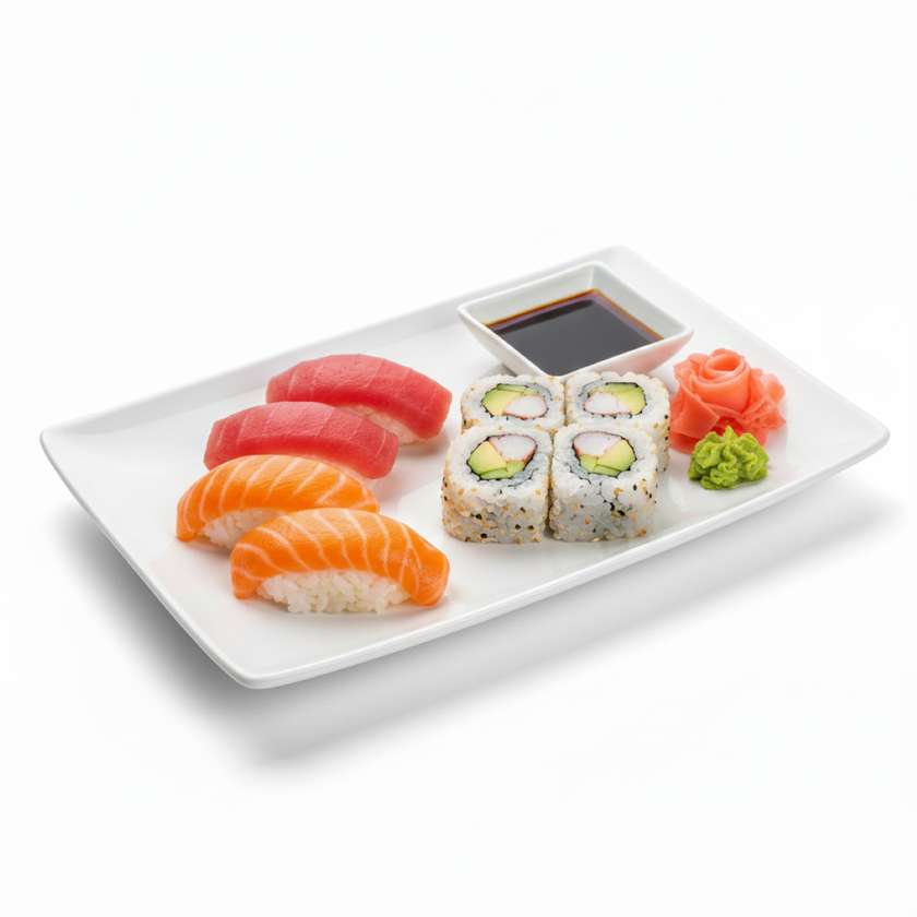 3pcs salmon nigiri, 3pcs tuna nigiri, 4pcs California (avocado, crab)