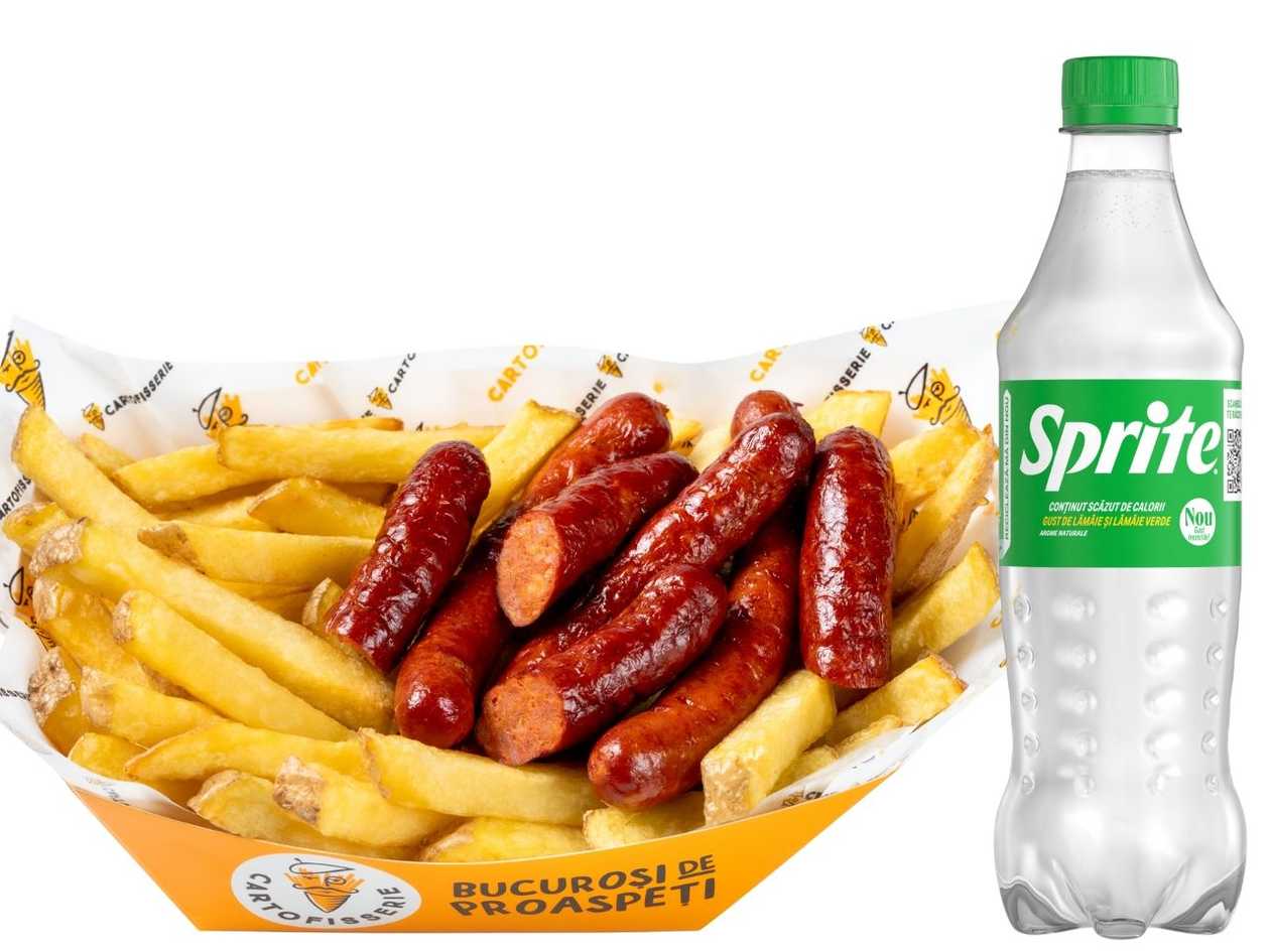 Fries with Spicy Sausages LARGE and Sprite