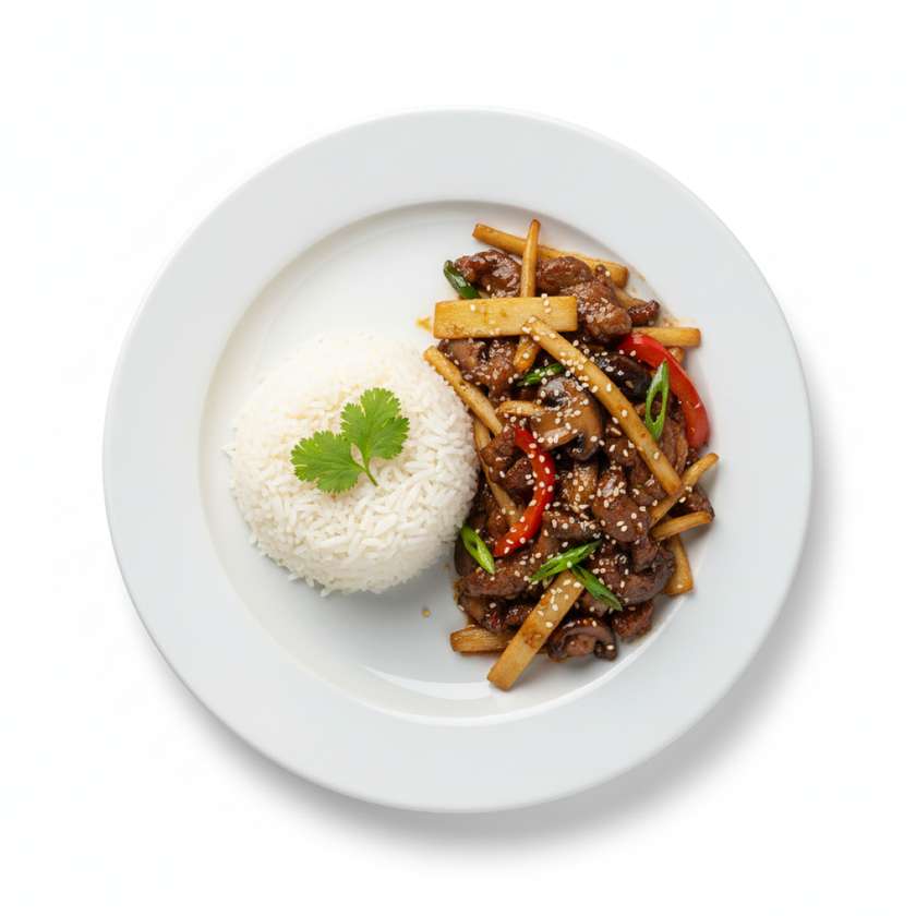 Meat with bamboo and mushrooms with side dish