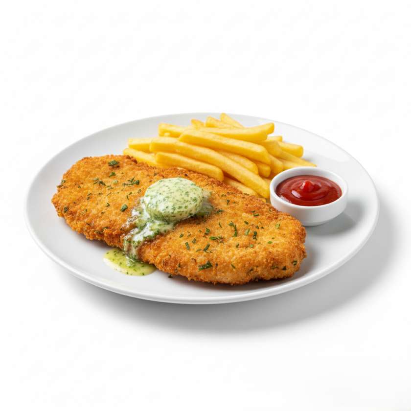 Kurací rezeň v panko bylinkovej strúhanke bylinkovým maslom