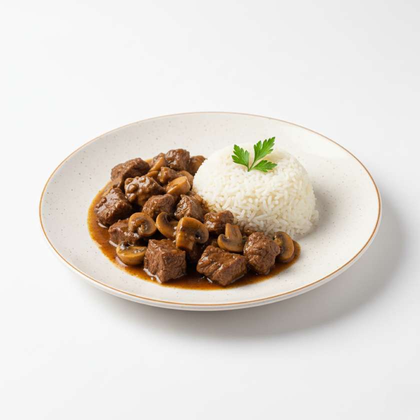 Beef cubes with mushrooms and rice