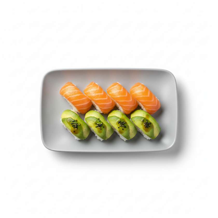 3pcs salmon nigiri, 3pcs avocado nigiri
