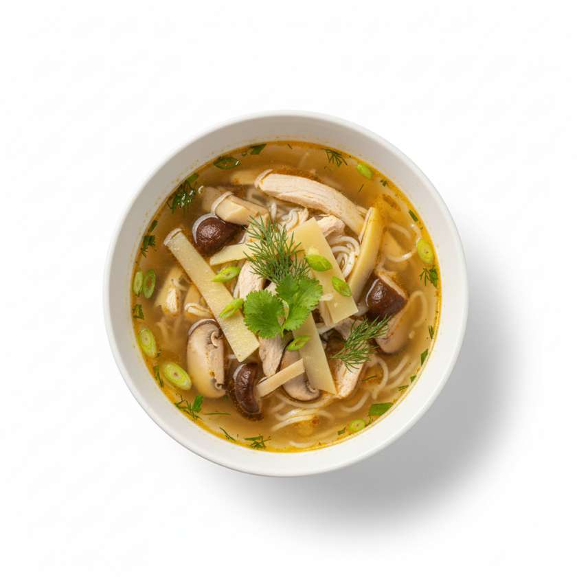 Chicken soup with bamboo and mushrooms