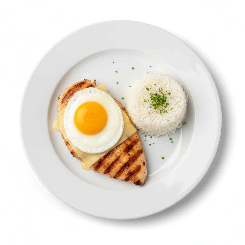 Chicken Cutlet with Cheese and Fried Egg, Served with Rice