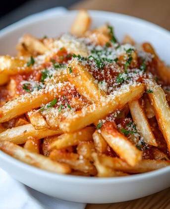 Fries With Sauce And Parmesan With Greens