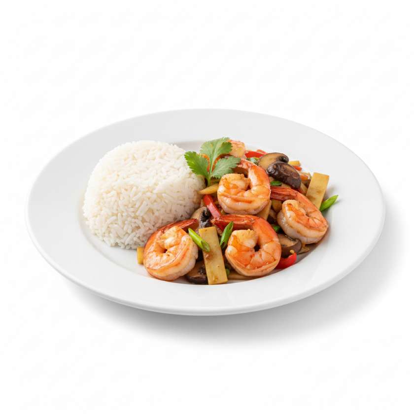 Shrimp with bamboo, mushrooms and side dish