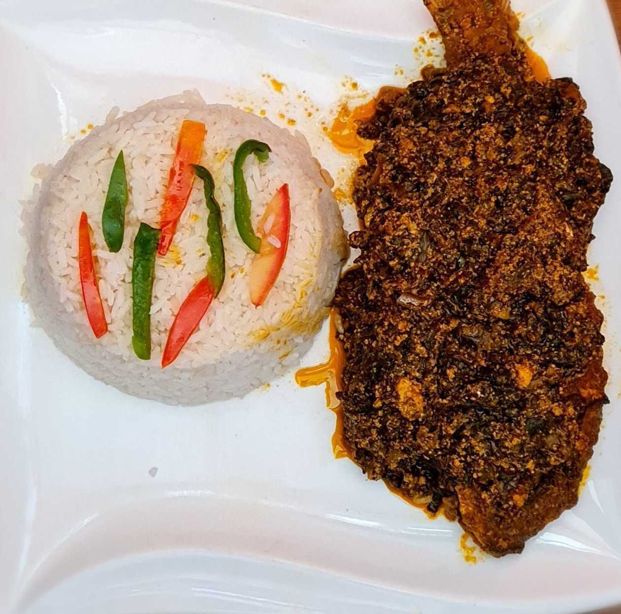 Plain Rice with Palaver Sauce (Fish)