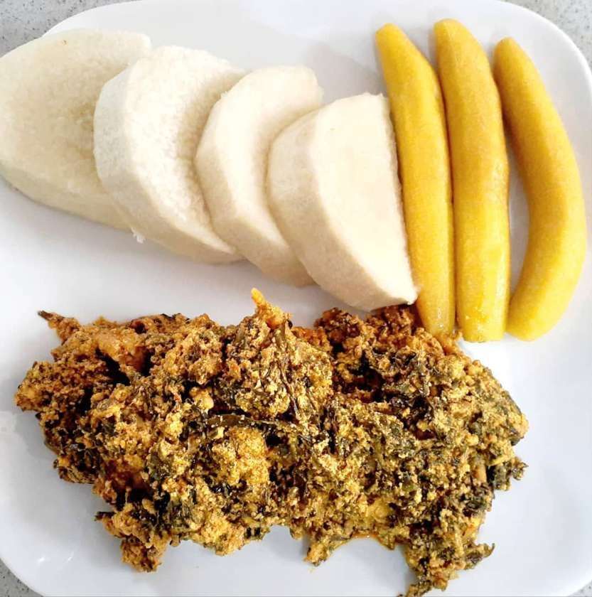 Plantain or Yam with Palaver Sauce (Fish)