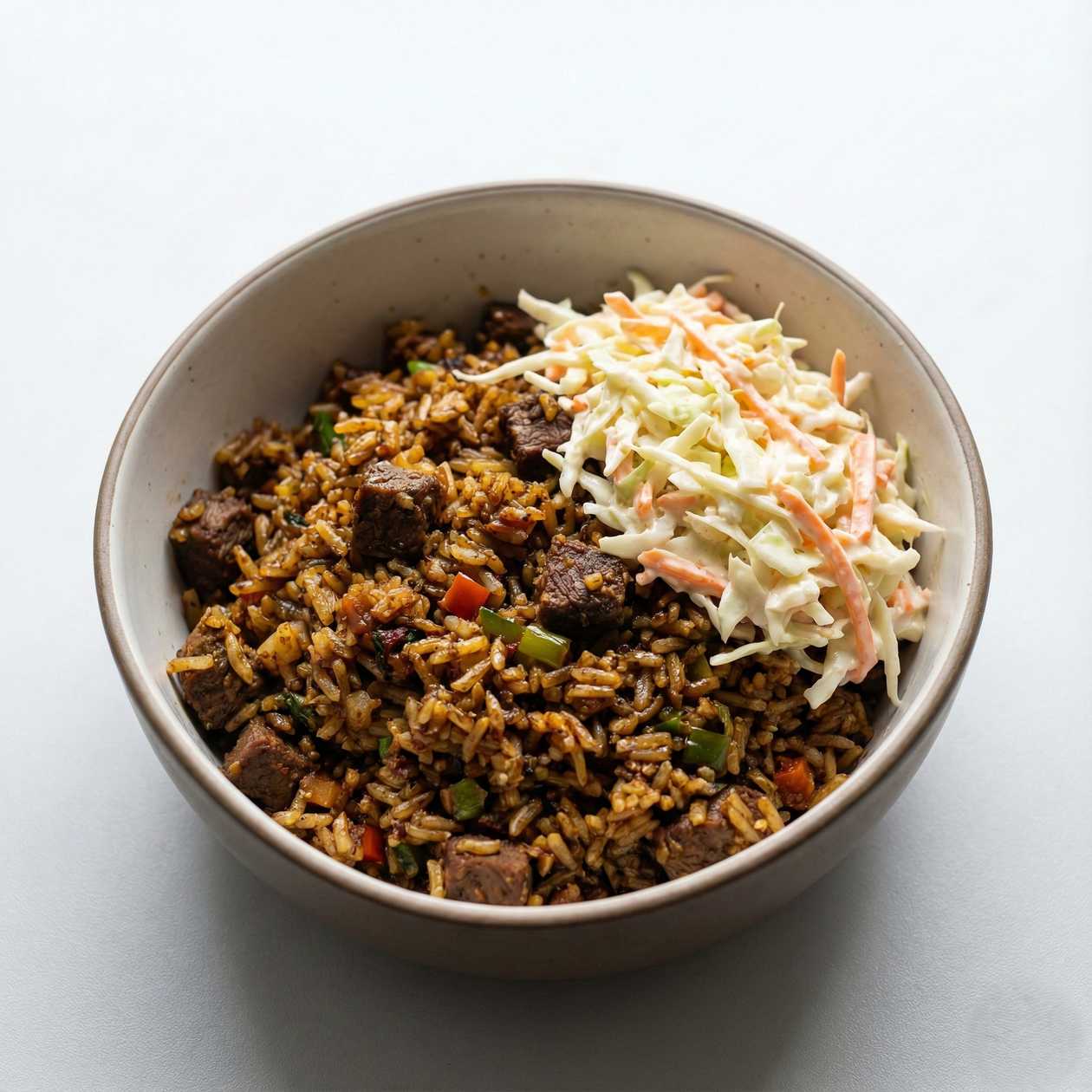 Beef singapore fried rice with coleslaw