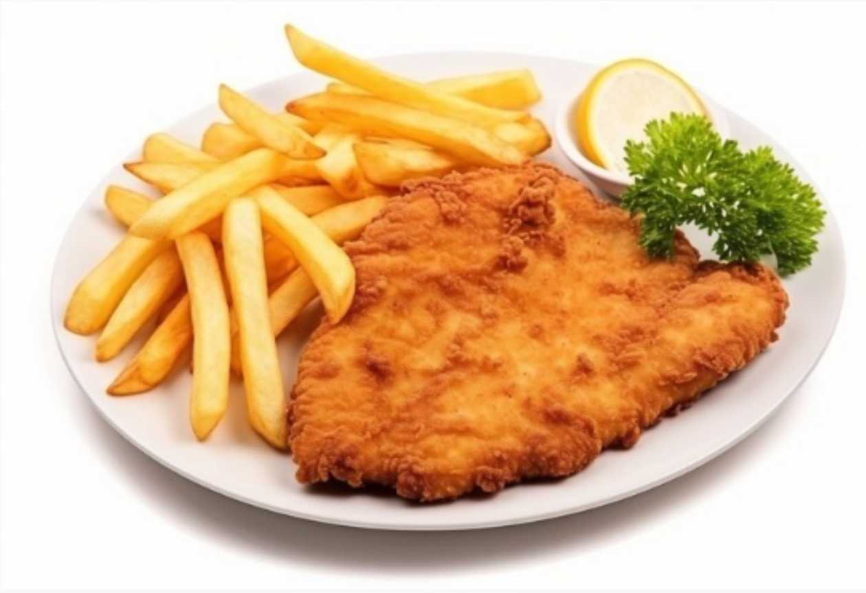 Snitel de Pui cu sos BBQ si cartofi prajiti