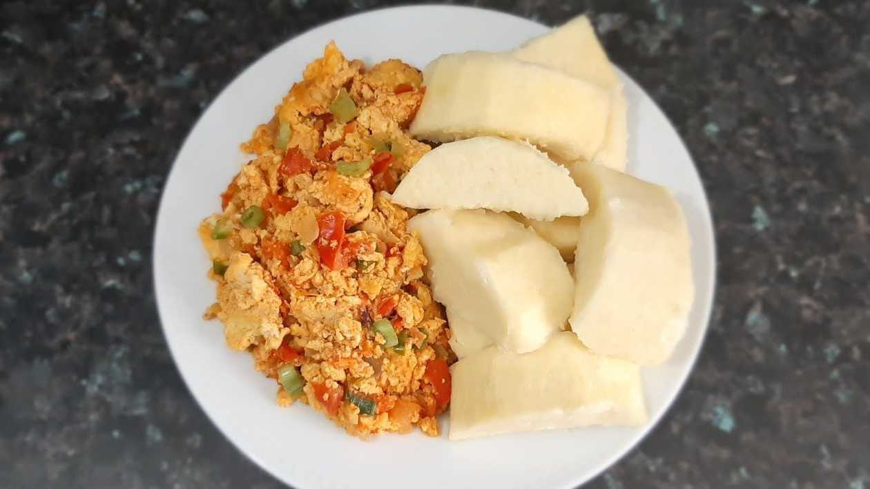 Plantain or Yam with Garden Eggs Stew (Fish)