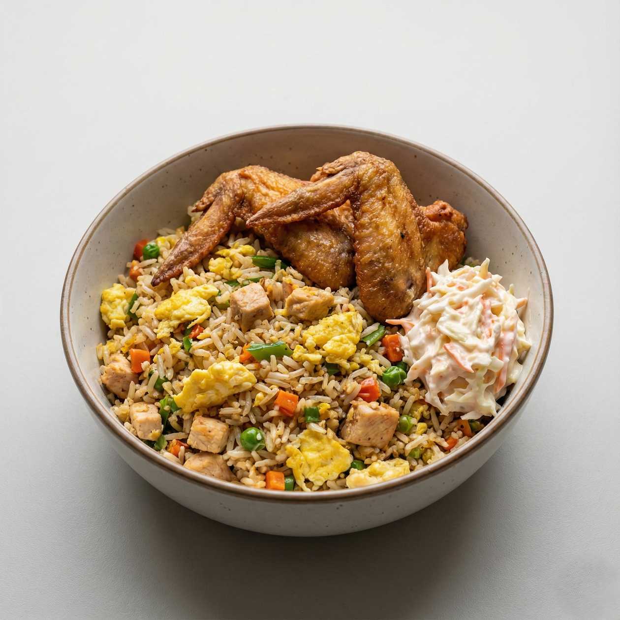 Egg Fried Rice with Chicken Wings and coleslaw