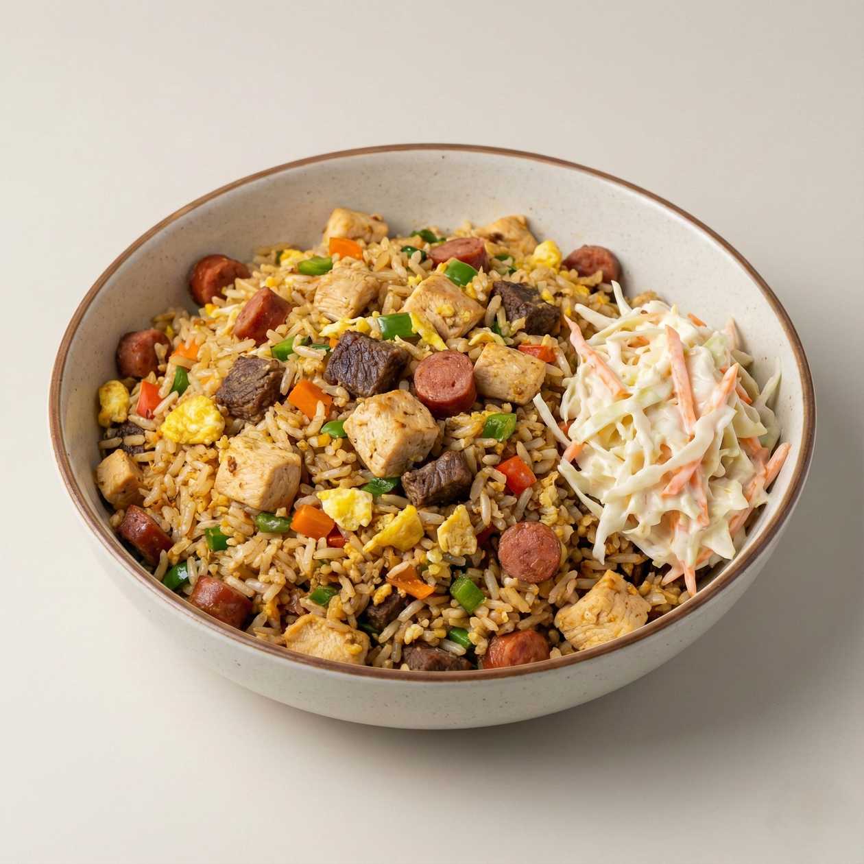 Assorted meat singapore fried rice with coleslaw