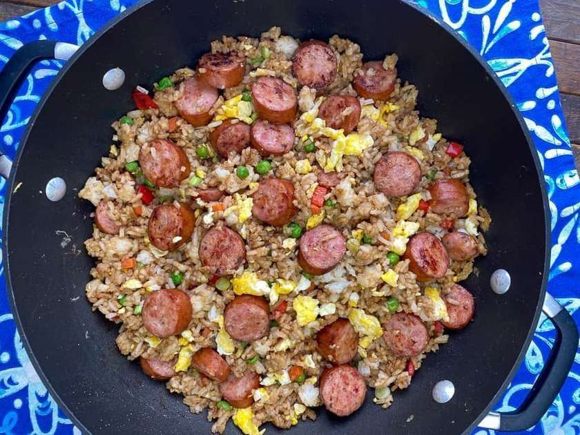 BEEF AND SAUSAGE FRIED RICE AND PLANTAIN