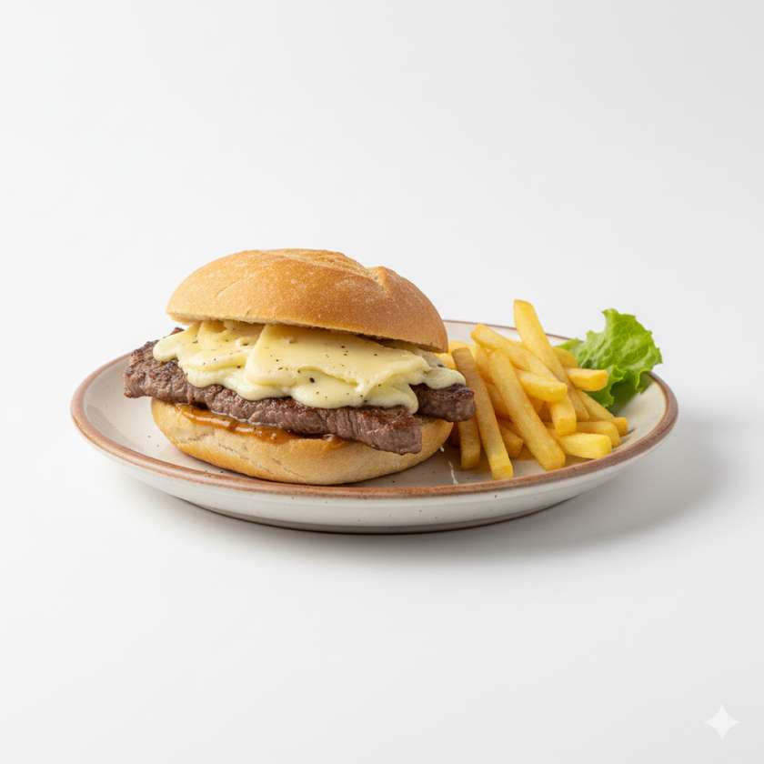 Prego em Pão Pequeno com queijo da Serra