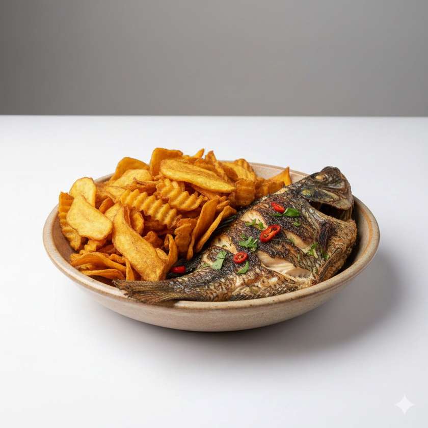 yam chips and half grilled tilapia
