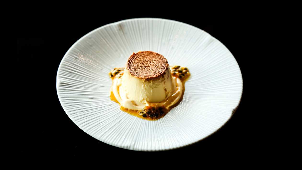 Caramel flan with passion fruit