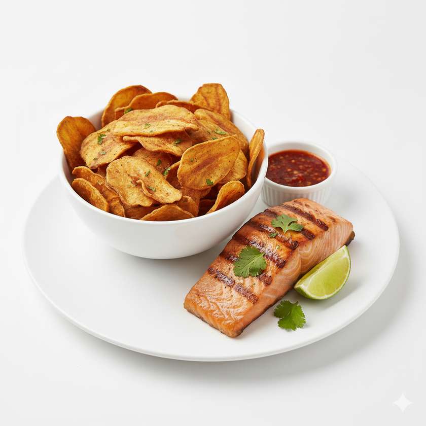 Yam Chips  and Grilled Salmon