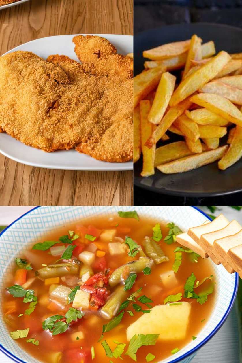 Meniu Ciorba de Legume + Snitel de Porc  cu cartofi prajiti +Apa Plata CADOU