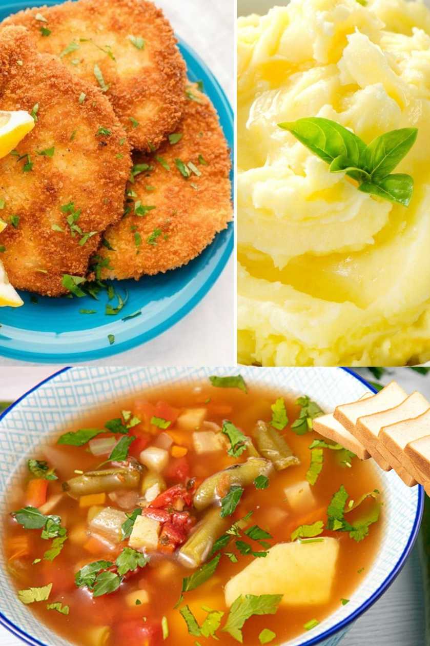 Meniu Ciorba de legume+Snitel de pui cu piure+paine +Apa Plata Cadou