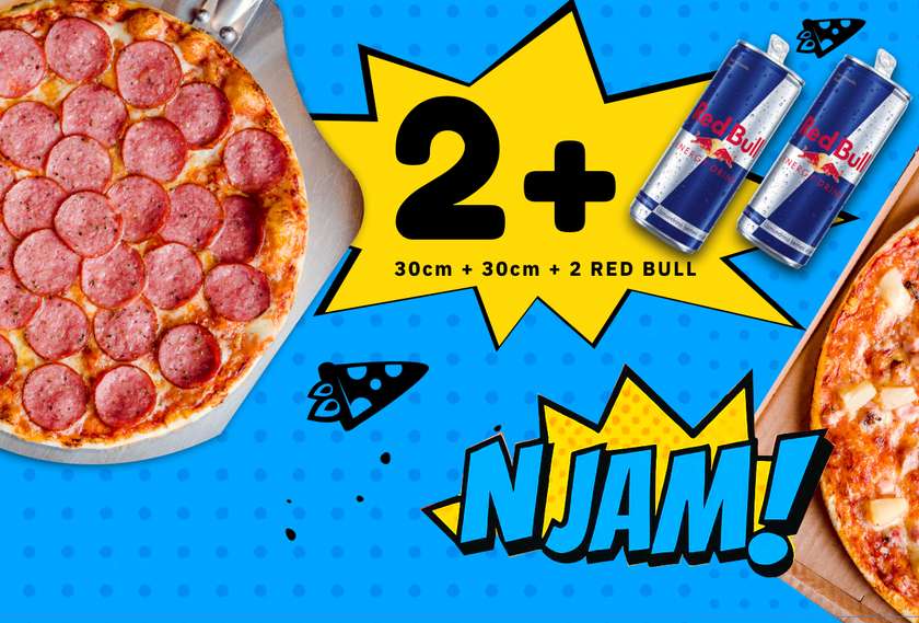 Energy set 1+1+2 = Any pizza (30 cm) + Any pizza (30 cm) + 2 Red Bull 250 ml