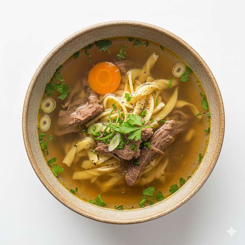 Beef broth with meat and noodles