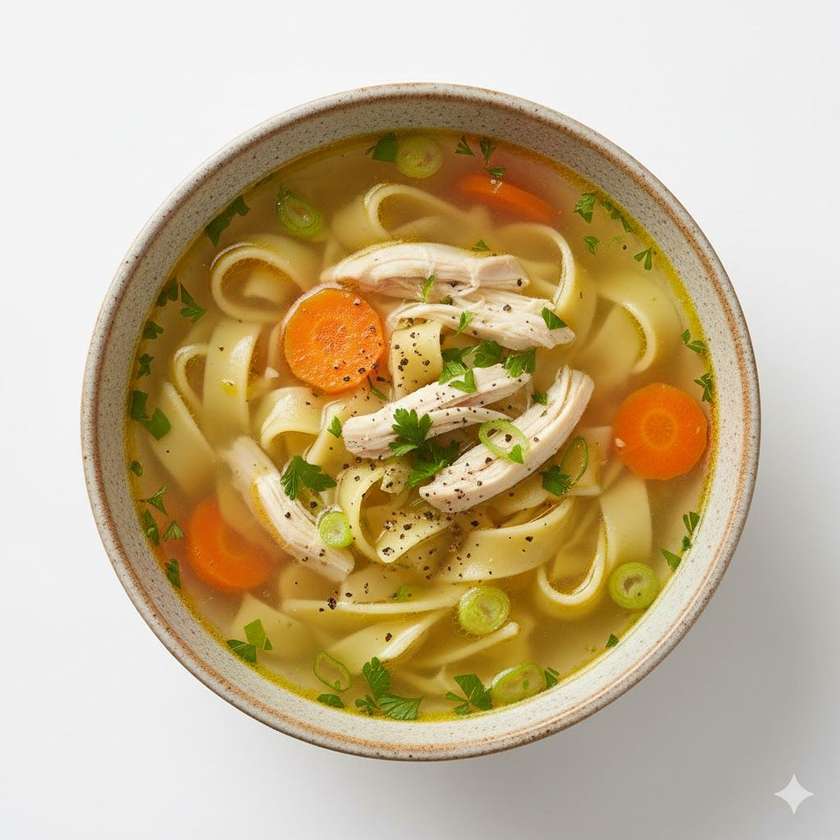 Chicken broth with meat and noodles