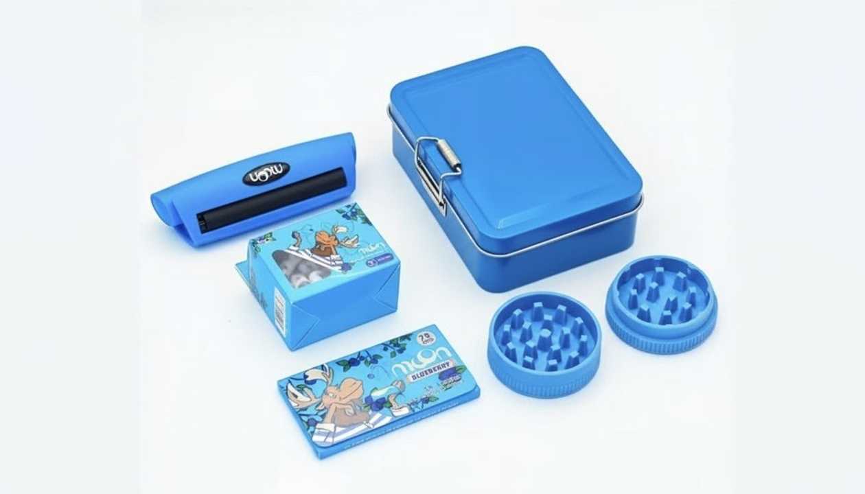 Daşına bilən qapaqlı siqaret kombinasiyası dəsti – 5-li (78 mm rulon, üyüdücü, kağız, qutu)