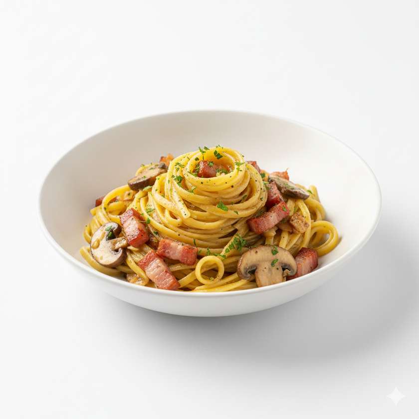 Tagliatelle con pancetta e funghi porcini