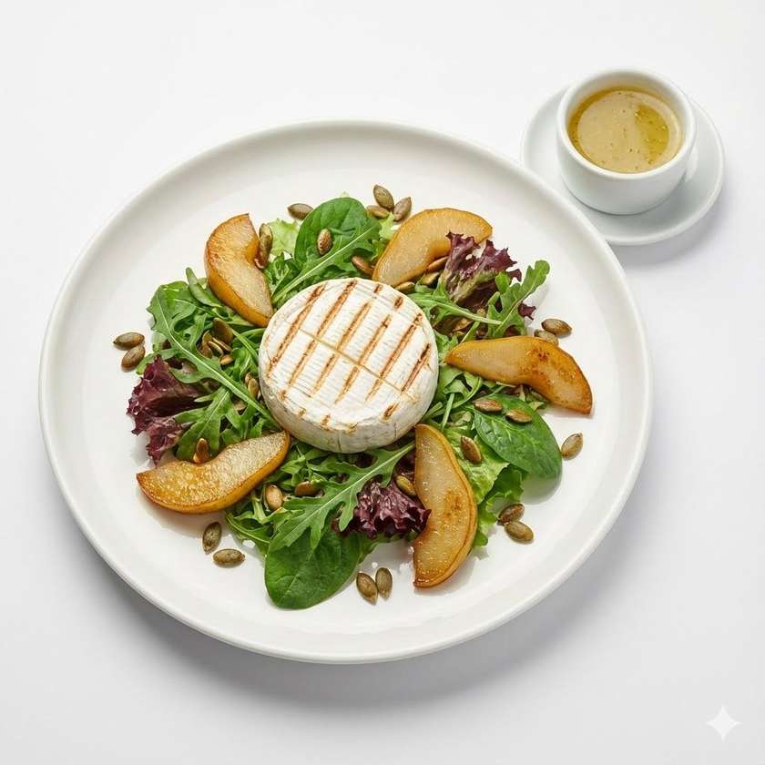 Šalát s grilovaným hermelínom a hruškou