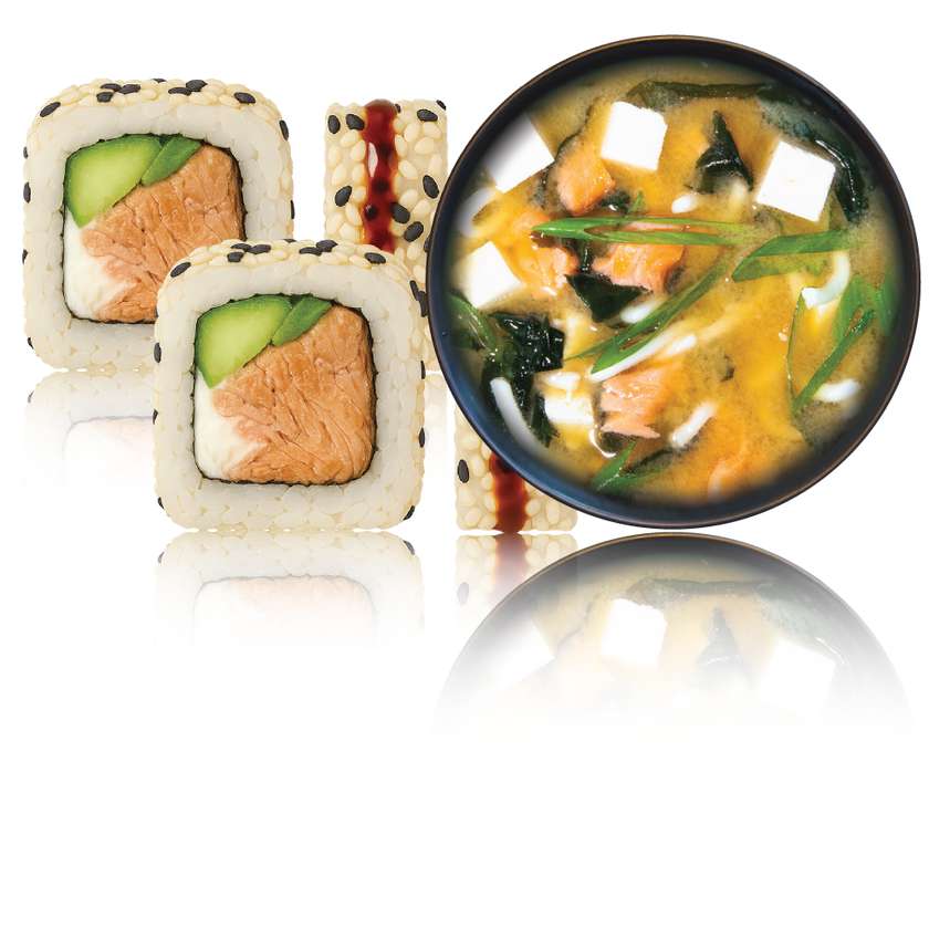 TERIYAKI LAKS uramaki + MISO Salmon soup