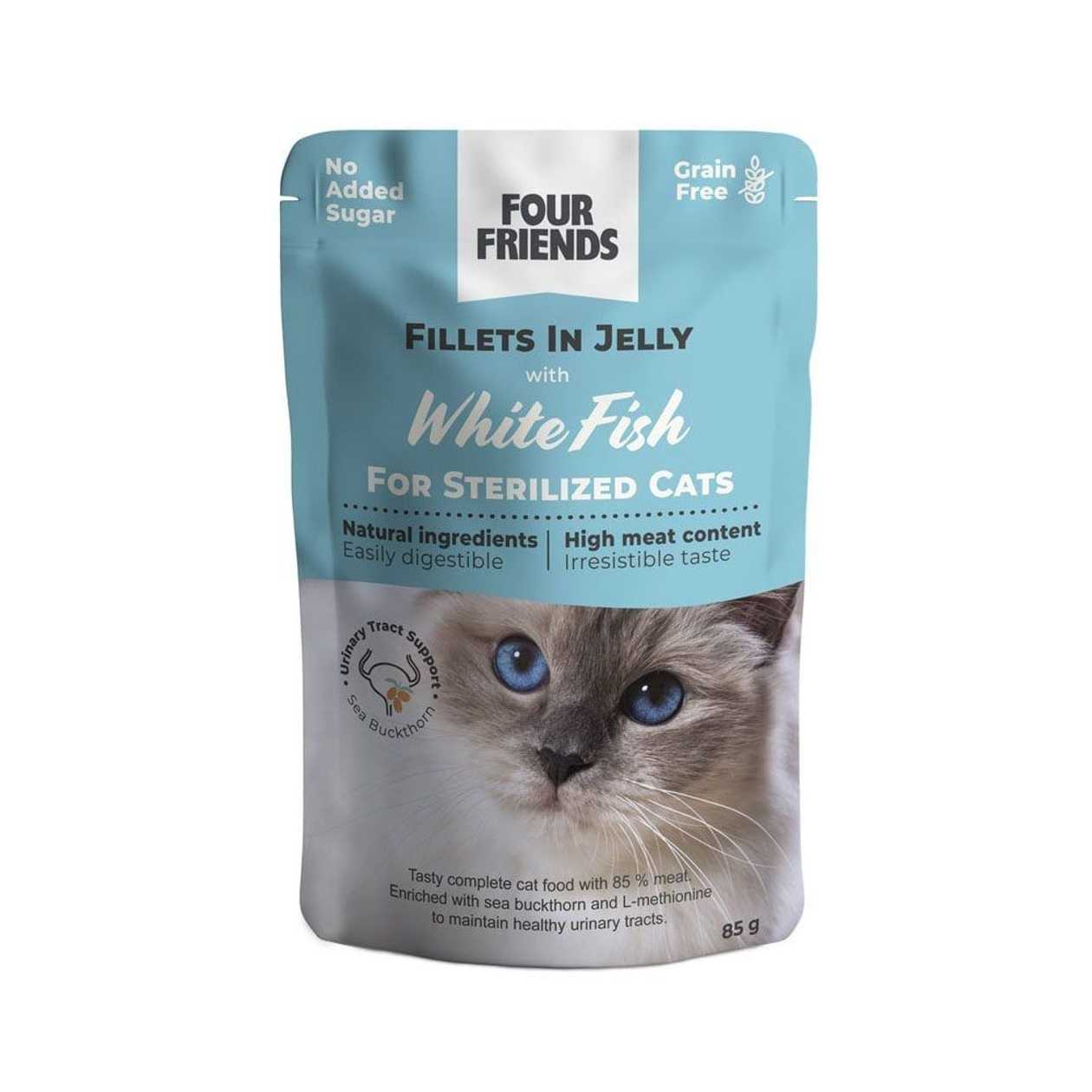 Four Friends Sterilized White Fish konservi kaķiem Balta zivs fileja želejā, 85 g  -  [10104]