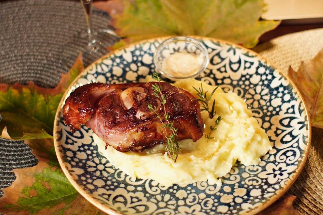 Boiled Pork with Mashed Potatoes and Sauerkraut Salad