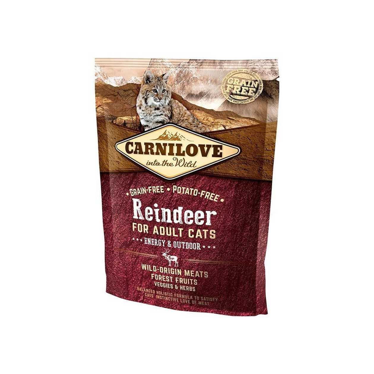 Carnilove Cat ENERGY & OUTDOOR Reindeer bezgraudu sausā kaķu barība kaķiem Briedis, mežacūka, 0.4 kg  -  [12263]