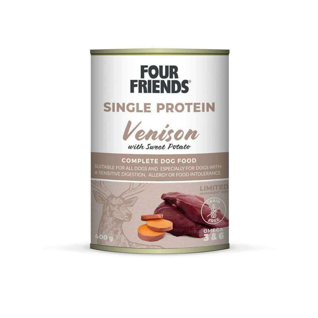 Four Friends Single Protein Venison with Sweet Potato konservi suņiem ar brieža gaļu, 400 g  -  [30148]