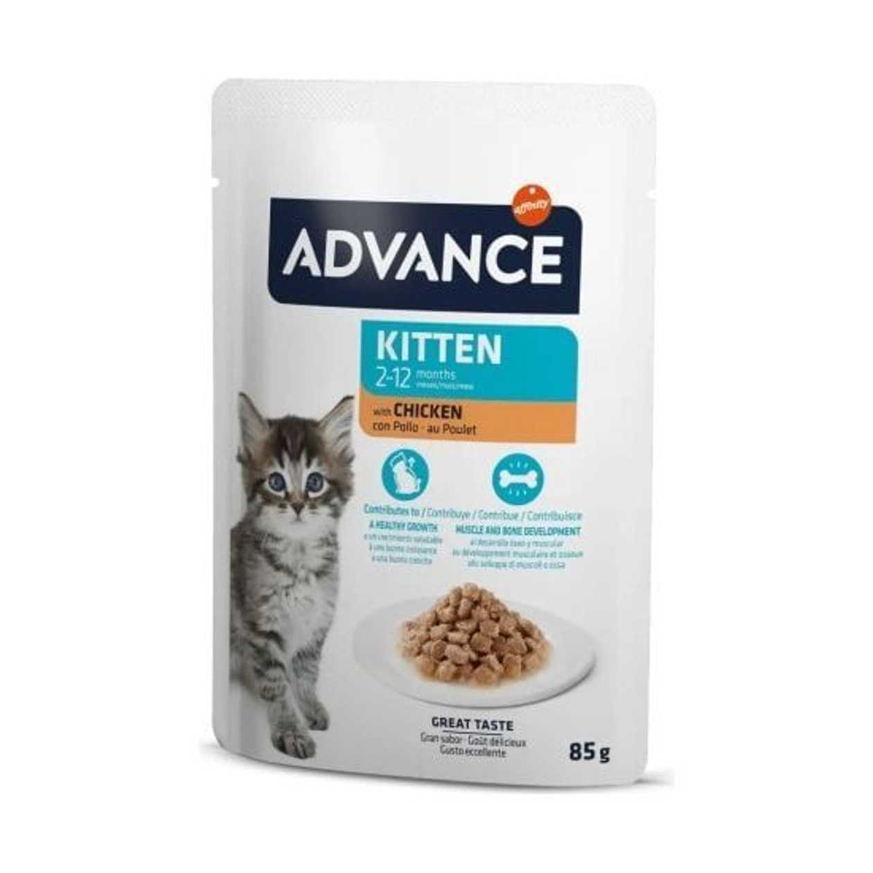 Advance Cat Wet kitten chicken 85 gr - pilnvērtīga un sabalansēta mitrā barības recepte, kas īpaši izstrādāta kaķēniem (2-12 mēneši), grūsnām un barojošām kaķenēm. Ar vistas gaļu.  -  [64449]