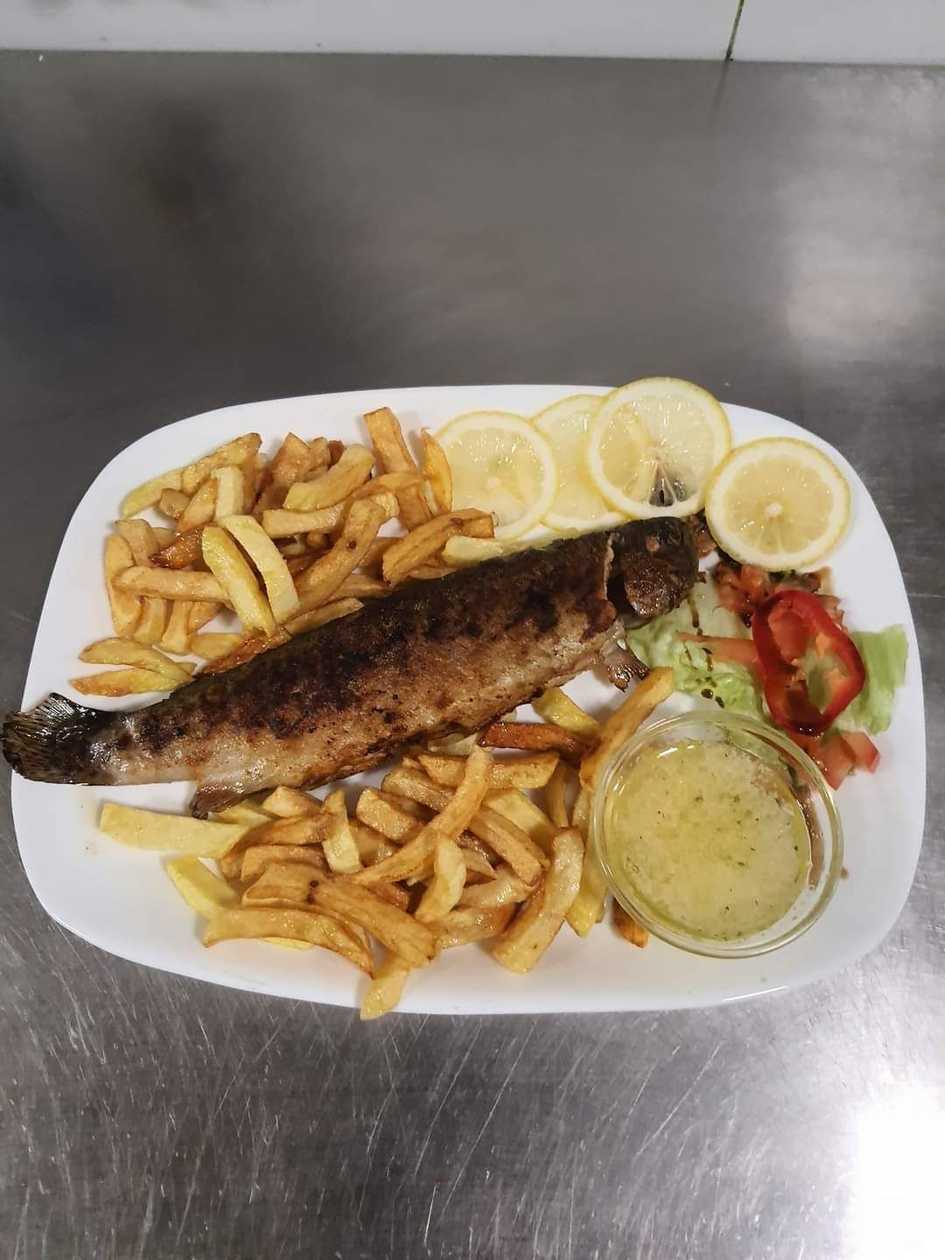 Trout and French fries and garlic sauce