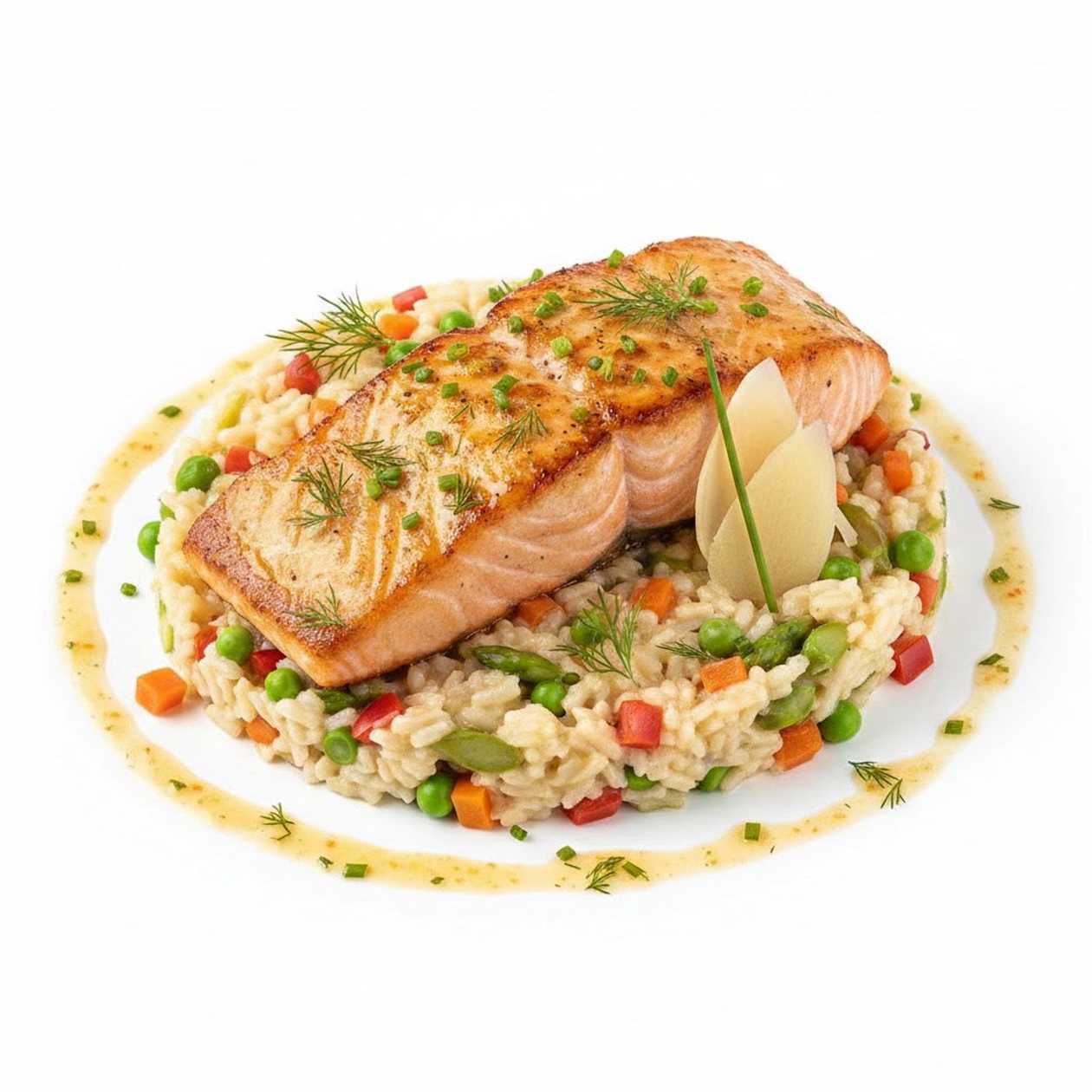 Somon marinat in ghimbir cu risotto de legume