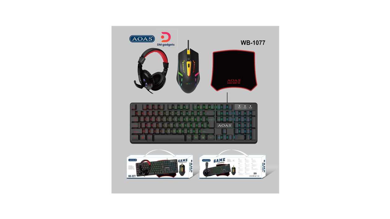 #435S#AOAS®WB-1077 RGB LED Complete 4-in-1 Gaming Set wired keyboard, headphones, mouse, mousepad