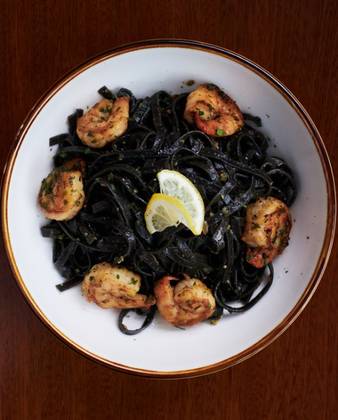 Squid Ink Pasta Anglin Olio with Prawns