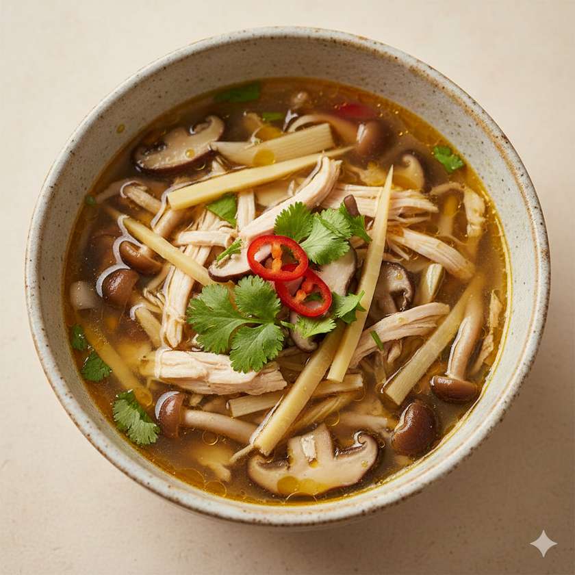 2.Drůbeží polévka s bambusem a houbami