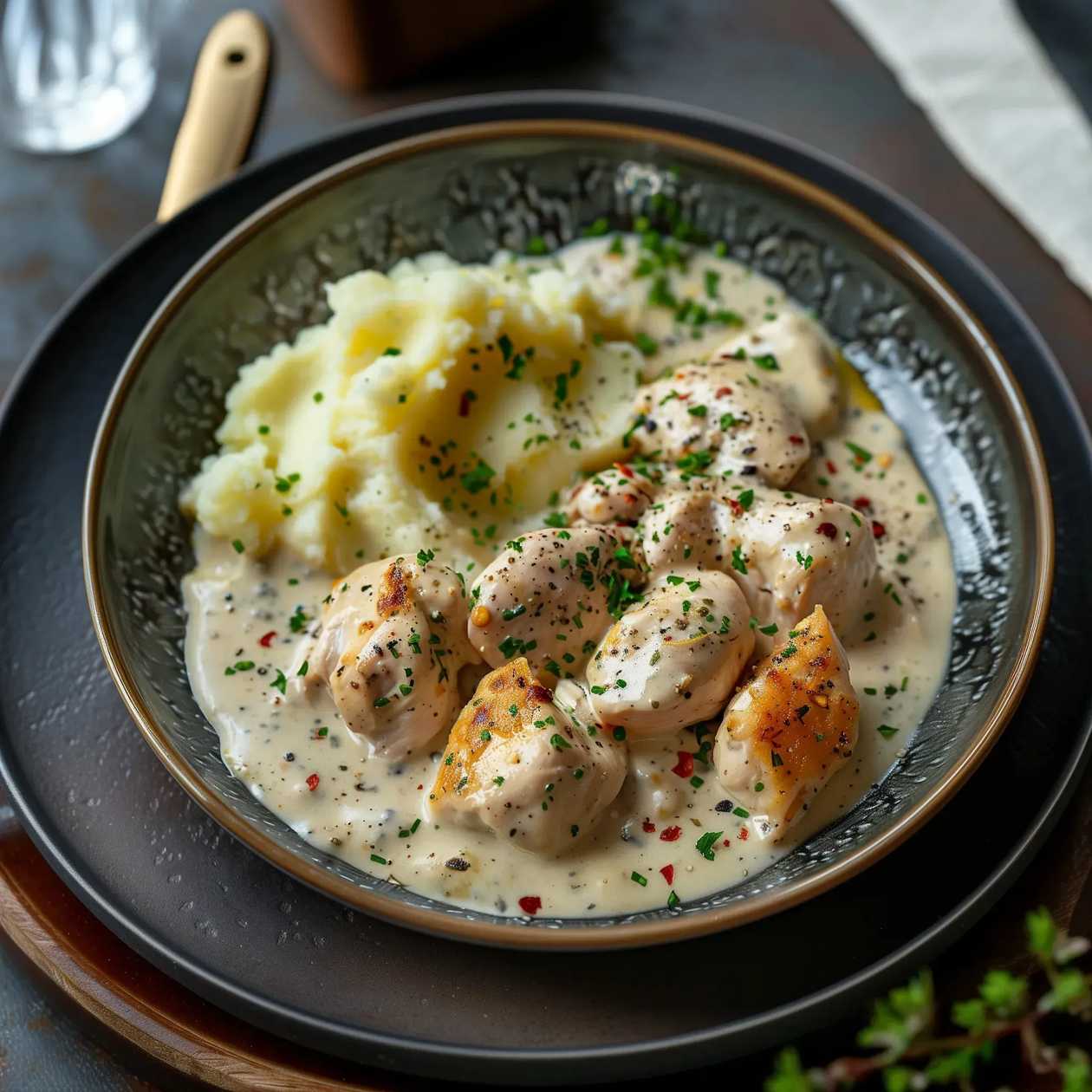 Fine turkey schnitzels with gorgonzola sauce and mashed potatoes with greased addition