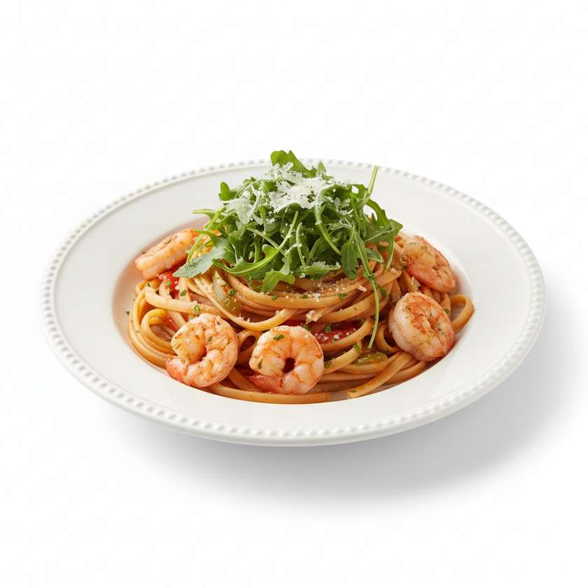 Spaghetti with Garlic, Shrimp, Arugula, and Parmesan